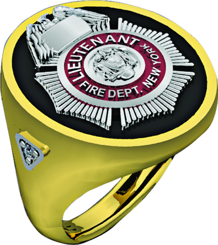 Mens FDNY Round Onyx Lieutenant Ring with Diamond Side Accents 1
