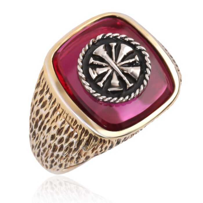 Men's Textured Fire Chief Ring with Synthetic Ruby 4